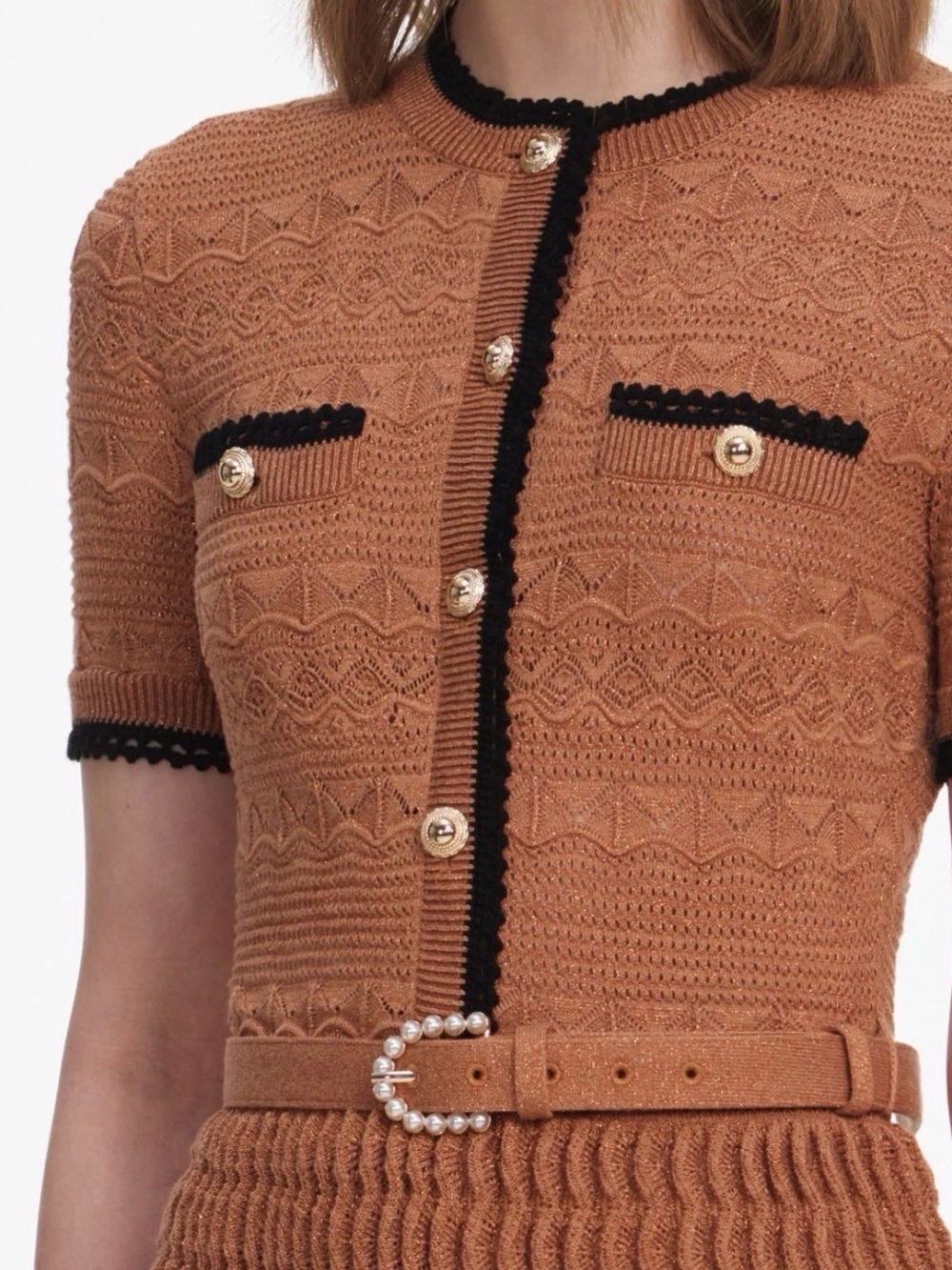Self-Portrait Terracotta Knit Midi Dress with Black Trim